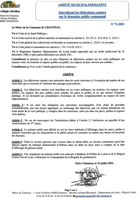 Arr T Municipal Permanent Interdisant Les D Jections Canines Sur Le