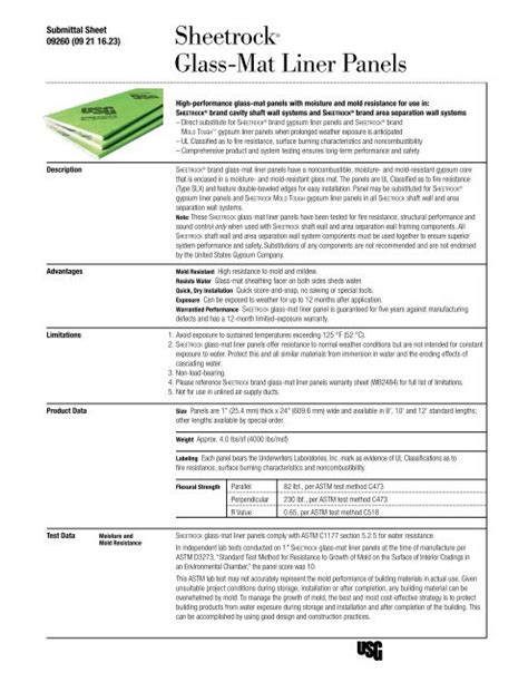 SHEETROCK Brand Glass Mat Liner Panel Submittal WB2483