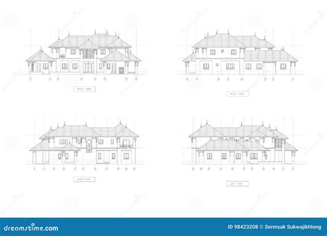 4 Elevation House Drawing Royalty-Free Cartoon | CartoonDealer.com ...