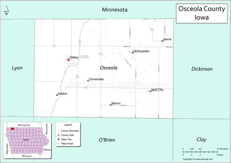 Map of Osceola County, Iowa showing cities, highways & important places ...