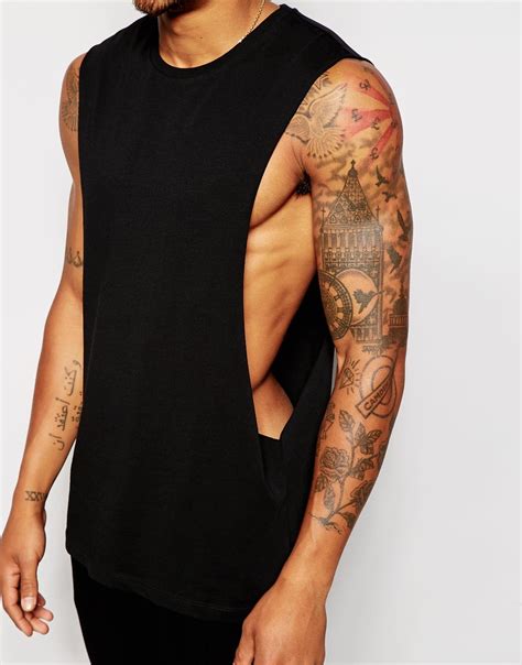 Asos Sleeveless T Shirt With Extreme Dropped Armhole In Black For Men