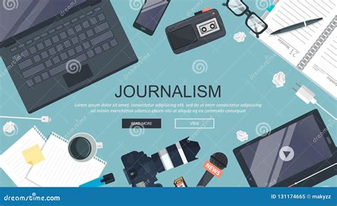 Independent Journalism Flat Banner Equipment For Journalist On Desk