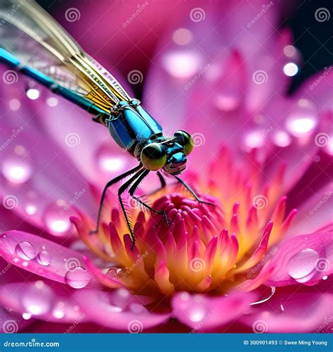 The Odonata Species Insects Perching on the Wet Colorful Lotus Flower