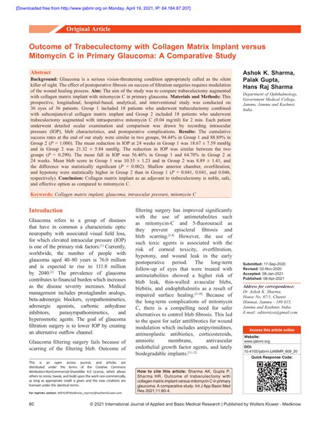 Pdf Outcome Of Trabeculectomy With Collagen Matrix Implant Versus