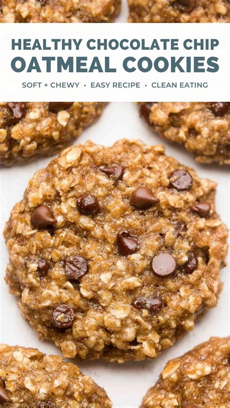 Healthy Chocolate Chip Oatmeal Cookies With Text Overlay