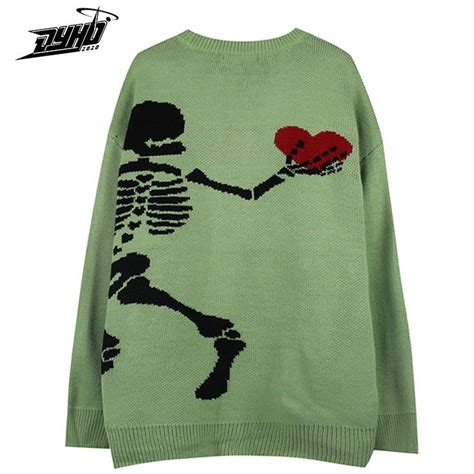 Skeleton Skull Print Knitted Sweater Cotton Pullover Unisex In 2022