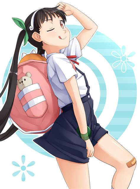 Safebooru Backpack Bag Bandaid Black Hair Brown Eyes Hachikuji Mayoi