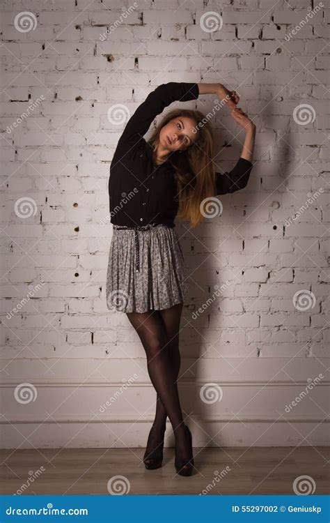Beautiful Brunette Woman Near The Brick Wall Stock Photo Image Of Face Dress