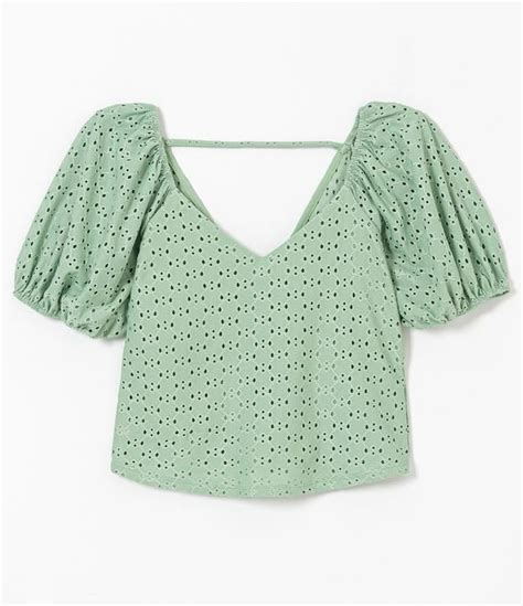 Blusa Em Laise Mangas Curtas Bufantes E Decote V Verde