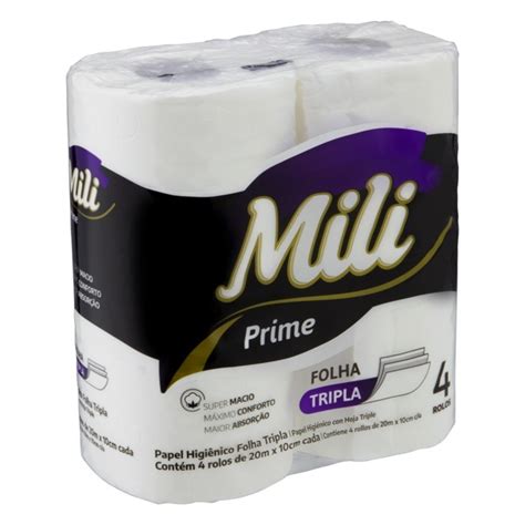 Papel Higiênico Folha Tripla Mili Prime 20m Pacote 4 Unidades TaíMax