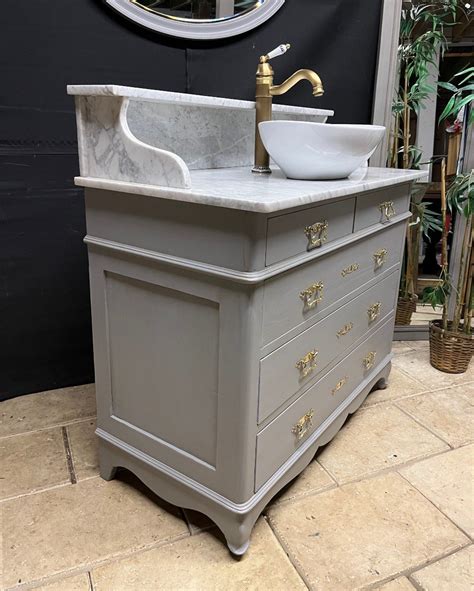 Proantic Meuble De Toilette Art Nouveau Patiné Gris Vasque Lavabo Fa