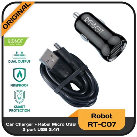 Car Charger 2 Port USB 2 4A Kabel Data Micro USB 100 Cm Robot RT C07