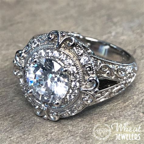 K White Gold Split Shank Vintage Inspired Round Halo Engagement Ring