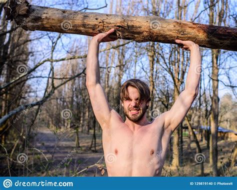 Alone In Woods Lumberjack Or Woodman Naked Muscular Torso Gathering