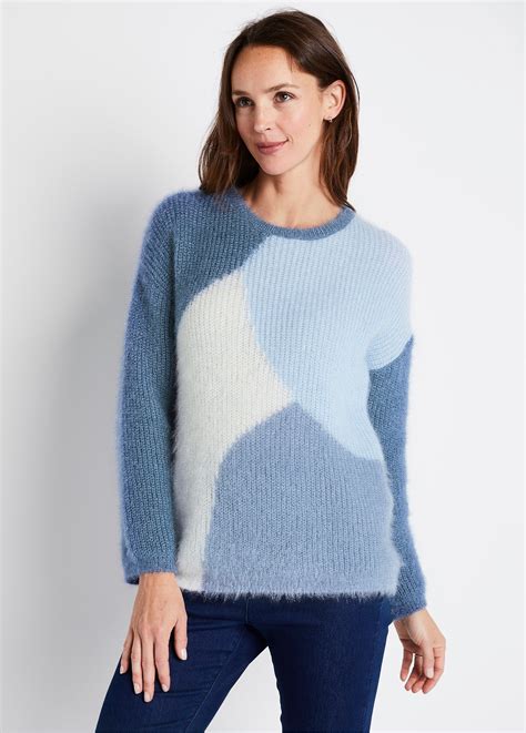 Pull Doux Colorblock Maille Poilue Femme Bleu Polyester Porry Afibel