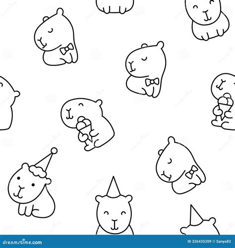 Cute Capybara Seamless Pattern Coloring Page Cartoon Vector