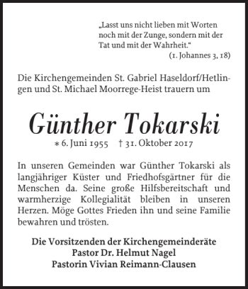 Traueranzeigen Von G Nther Tokarski Sh Z Trauer