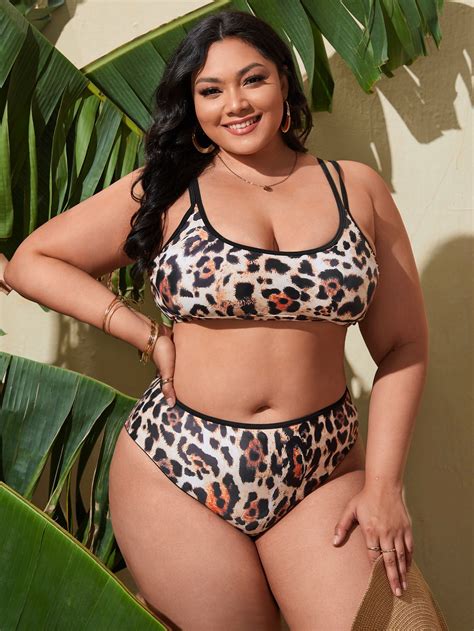 Multicolor Boho Leopard Print Embellished High Stretch Plus Size Beachwear Plus Size Bikini Set