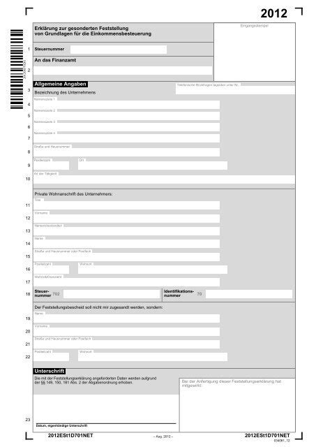 ErklÃrung zur gesonderten Feststellung von Grundlagen fÃ¼r