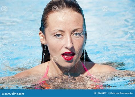 Woman In Swimming Pool Caribbean Sea Spa In Pool Girl With Red Lips