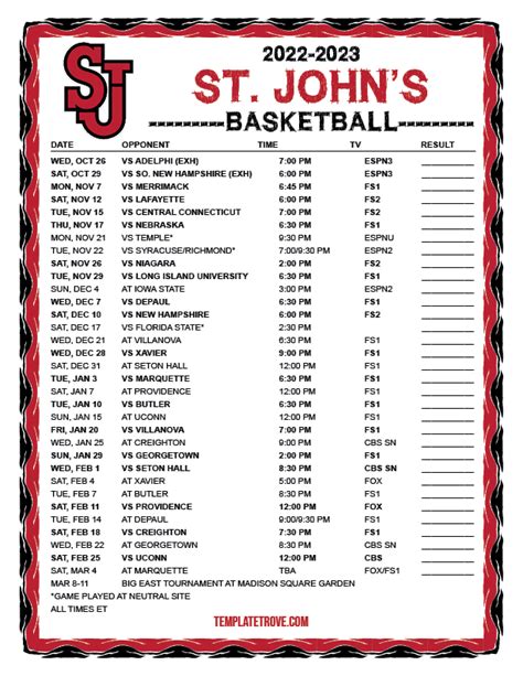 Printable 2022 2023 St Johns Red Storm Basketball Schedule