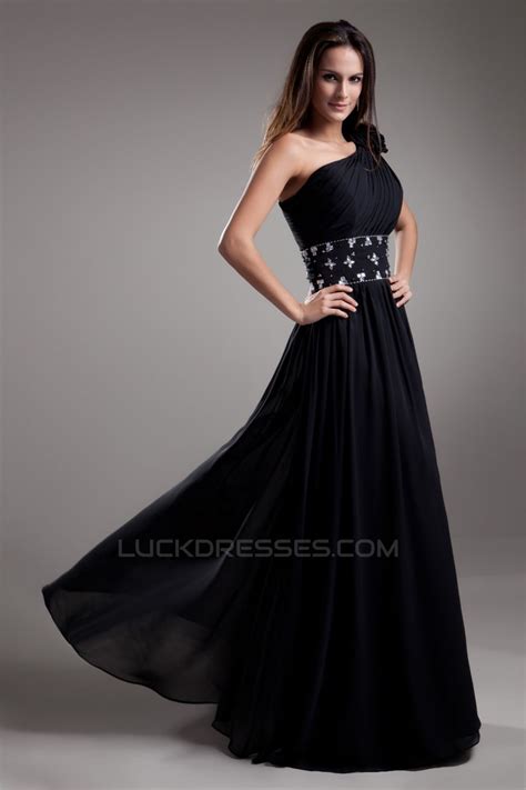 A Line One Shoulder Beaded Black Floor Length Prom Formal Evening