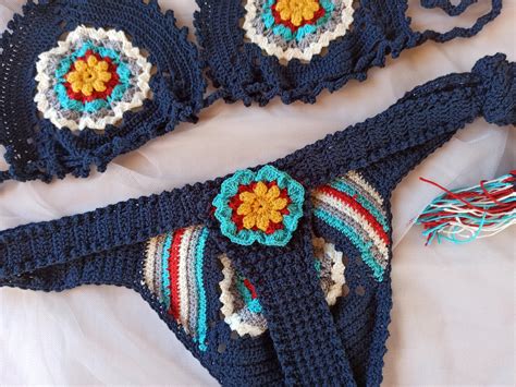 Granny Square Crochet Bikini Set Handmade Crochet Thong Bikini Unique Festival Swimwear