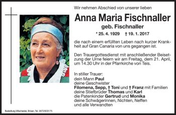 Traueranzeigen Von Anna Maria Fischnaller Trauer Bz