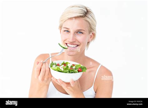 Beautiful Blonde Woman Eating Salad Stock Photo Alamy