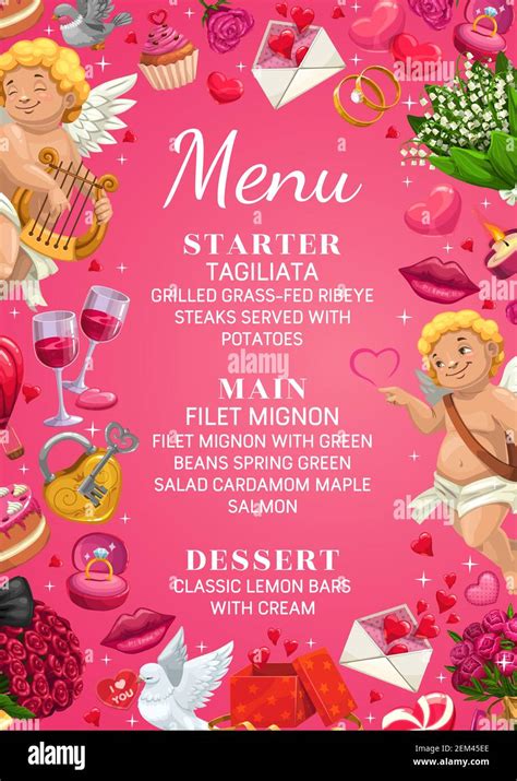 Wedding Day Menu Template Starter Main Course And Desserts Vector