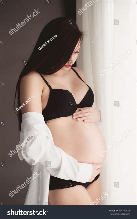 Beautiful Brunette Pregnant Woman Black Lingerie Stock Photo 424479583 Shutterstock