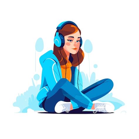 Premium Vector Sitting Girl Talking In The Headphones Vector Illustration