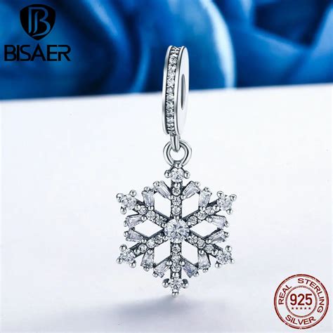 BISAER 925 Sterling Silver Snowflakes Charms Cubic Zircon Snowflake