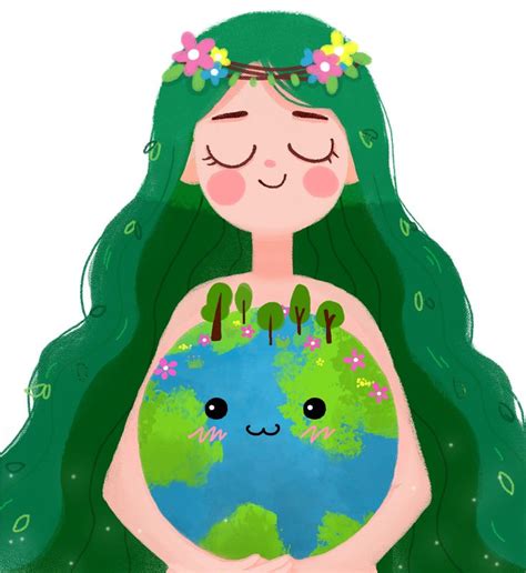 A Girl With Green Hair Holding The Earth In Her Hands And Flowers On