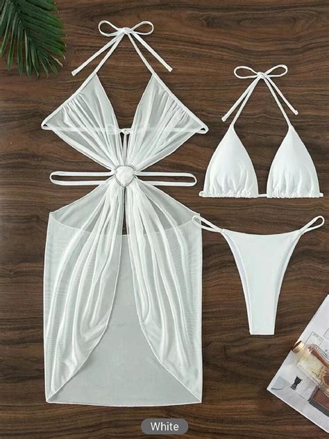 3 Piece Halter String Bikini 2024 Hollow Out Swimsuit Women Padded Swimwear Female Bathers