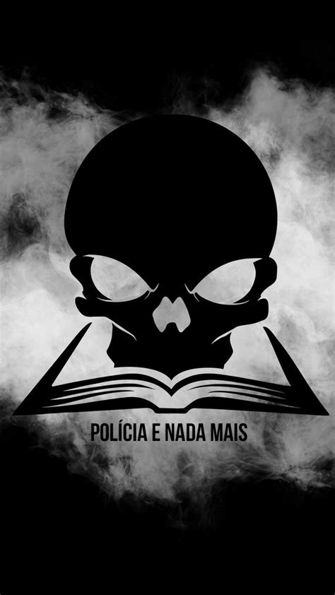 A Skull Reading A Book With The Words Policia E Nada Mais On It