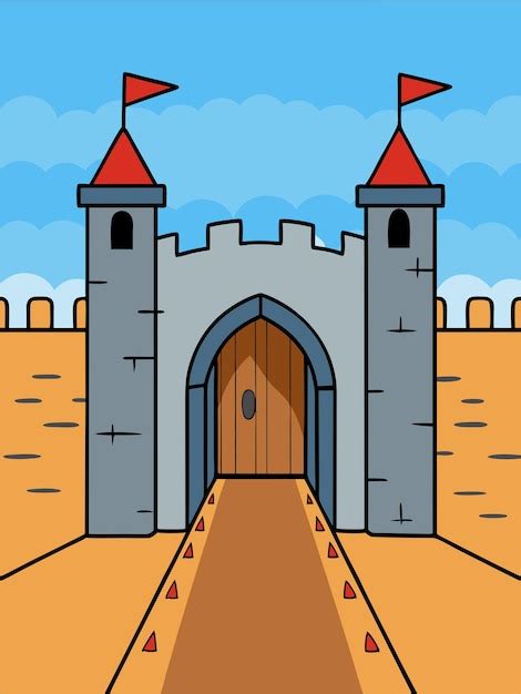 Una Caricatura De Un Castillo Con Una Puerta Roja Y Un Castillo En La