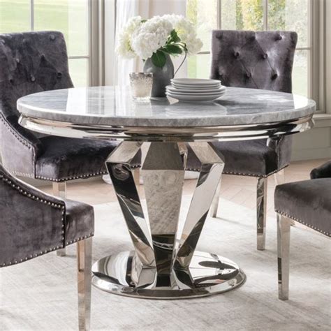 Arleen Round Marble Dining Table With Steel Base In Grey Fif