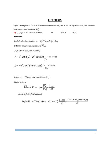 Derivada direccional solución EJERCICIOS 1 En cada ejercicio