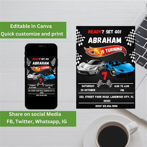 Editable Hot Car And Wheels Birthday Invitation Template Printable