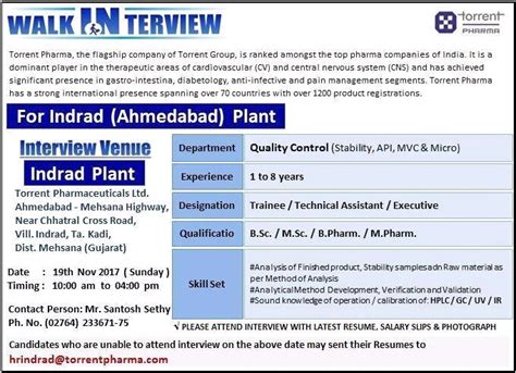 Pharma Vacancy Walk In For Torrent Indrad Plant On Nov