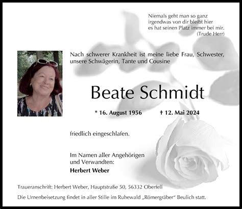 Traueranzeigen Von Beate Schmidt Rz Trauer De