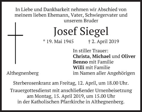 Traueranzeigen Von Josef Siegel Trauer Merkur De