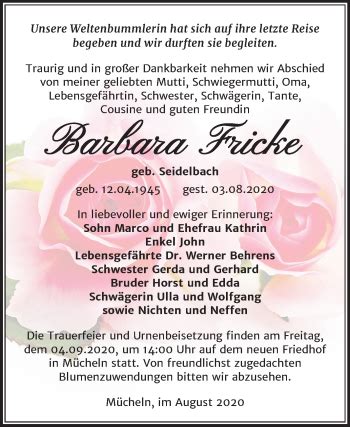 Traueranzeigen Von Barbara Fricke Abschied Nehmen De