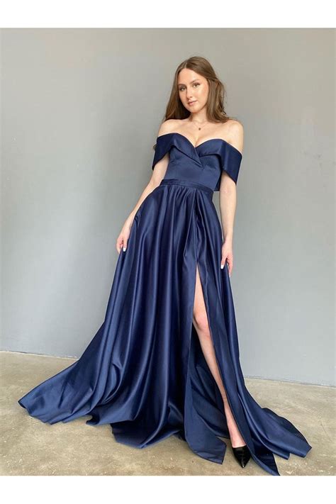 Off Shoulder Simple Satin Navy Blue Long Formal Evening Dress With Slit