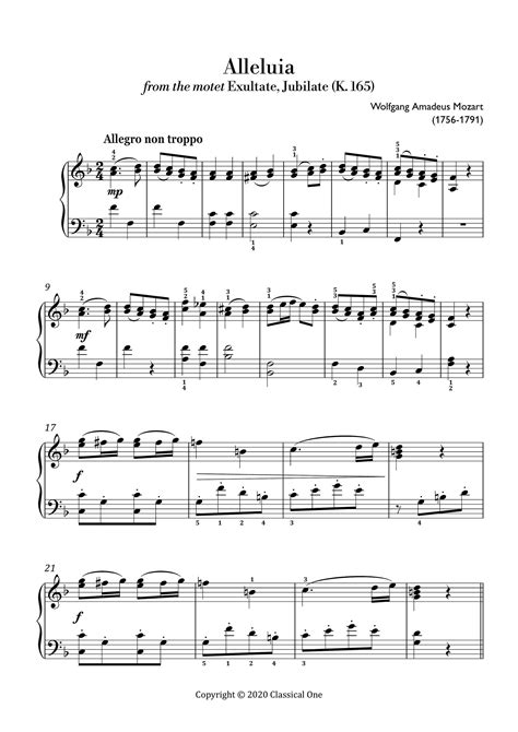 Mozart Alleluia easy Piano Sheet Music ,classical Music, Music Score ...