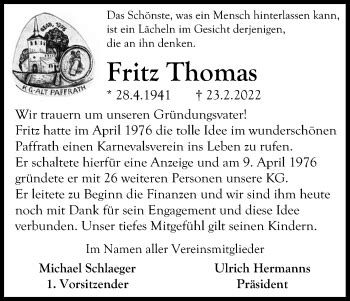 Traueranzeigen Von Fritz Thomas Wirtrauern