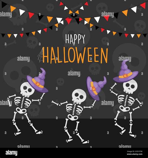 Happy Halloween dancing skeletons cartoon background, vector ...