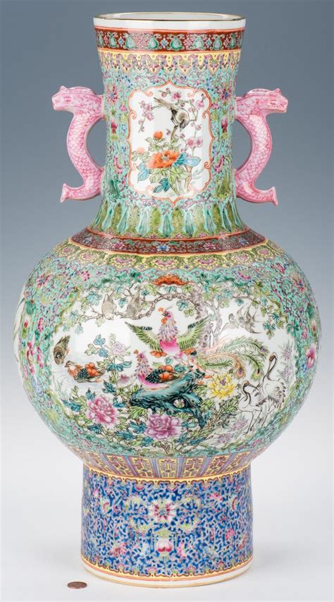 Lot Large Chinese Porcelain Famille Rose Vase W Fish Handles