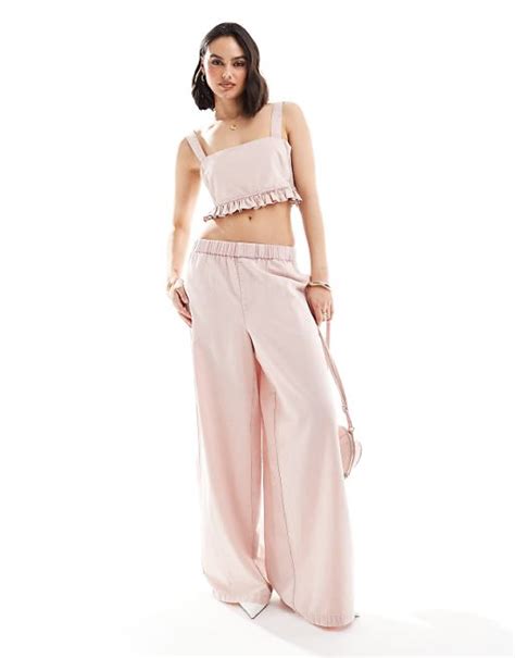 Asos Design Mix And Match Linen Co Ord In Washed Pink With Shirred Panels Asos